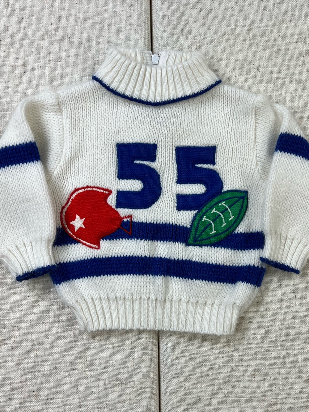 Vintage Baby Knit Turtleneck Sweater 3-6 Months White Blue Stripe Varsity 55